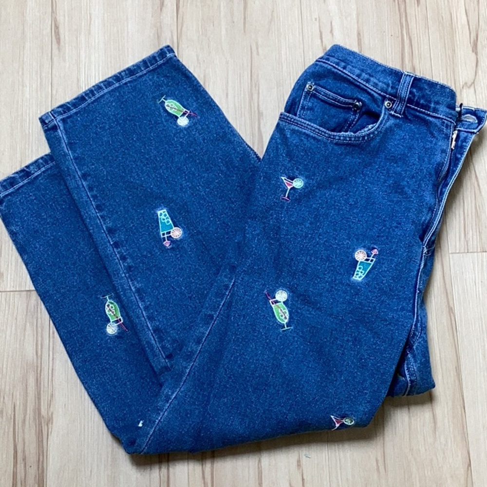 Quacker Factory Embroidered Cocktails Martini Summer Ankle Capri Denim Jeans